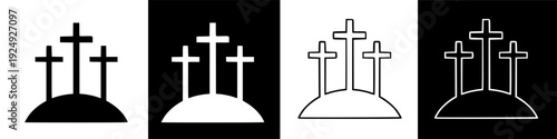 Symbolic Representation of Three Crosses on a Hilltop, Vector Icon Illustration of a Revered Religious Site