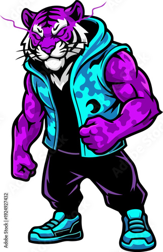 A vibrant, anthropomorphic tiger illustration wearing casual streetwear clothing standing confidently in a relaxed pose from a frontal viewpoint