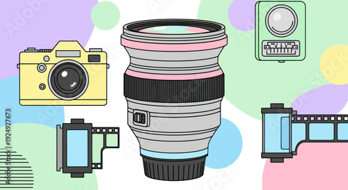 Flat design illustration of vintage photography equipment and film.
