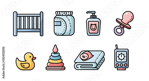Set of cute baby care and newborn essentials icons