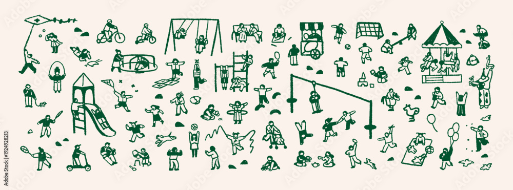 Obraz premium Doodle playground with kids. Children play in kindergarten. Tiny people have fun with swings, slides, seesaws and spring riders, ride bikes. Outline hand drawn isolated vector illustration on white