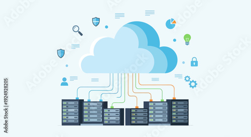Flat design illustration of cloud computing technology and data center hosting.