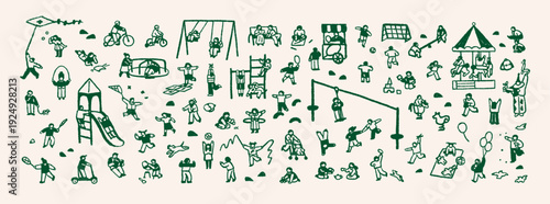Doodle playground with kids. Children play in kindergarten. Tiny people have fun with swings, slides, seesaws and spring riders, ride bikes. Outline hand drawn isolated vector illustration on white