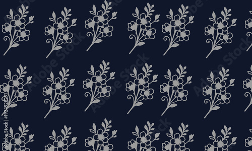 Repeating Pattern of Grey Cherry Blossoms on Navy Blue flowers seamless