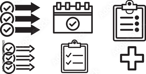 Black and white icons for checklist calendar clipboard and workflow