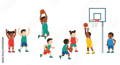 Children playing basketball on a white background, showing various actions like shooting, dribbling, and watching.