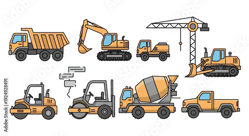 Collection of construction vehicles and heavy machinery.