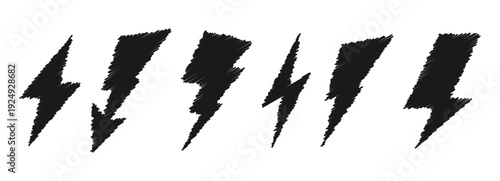 Electric thunderbolt icons drawn with brush strokes and rough texture. Six lightning symbols in black sketch style. Hand-crafted grunge elements for creative projects.