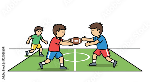 Three cartoon boys playing American football on a green field, two in the foreground vying for the ball while another runs behind them.