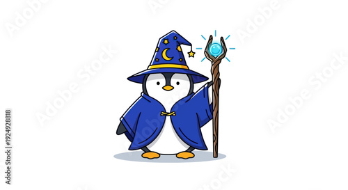 Cute penguin dressed as a wizard with a magic staff.