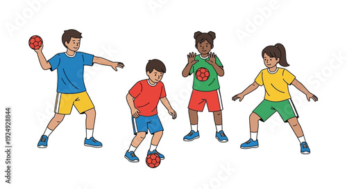 Four diverse children actively playing various ball games, including throwing, dribbling, and catching, on a clean white background.