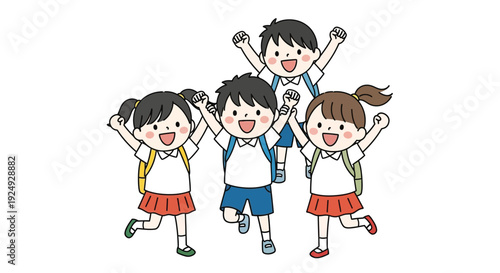 Four cheerful elementary school children jumping with joy and raised arms, wearing uniforms and backpacks, celebrating success or friendship.