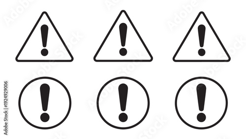 Warning icons with exclamation marks in triangle and circle designs.