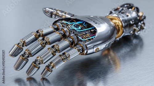 Mechanical Hand: A highly detailed close-up shot of a chrome prosthetic hand, revealing intricate internal mechanisms and cutting-edge design, symbolizing innovation and technological advancement.