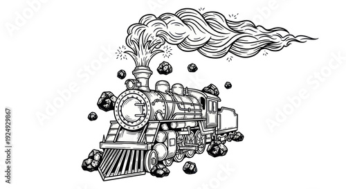 Vintage steam engine train in cartoon style with smoke and rocks.