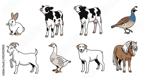Collection of diverse farm and domestic animals in cartoon style.