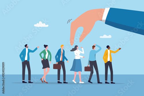 Human Resources pick up candidate, choosing talent or prospect for work vacancy position, interview choice or hiring opportunity concept, manager hand pick up choosing potential candidate applicant.