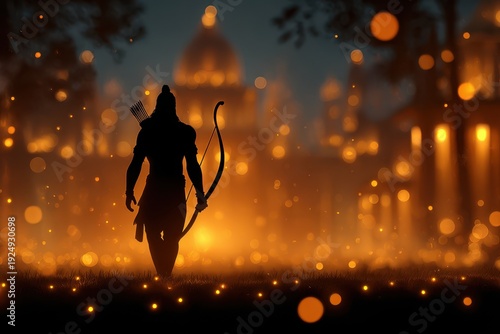 Happy Ram Navami celebration with silhouette of Lord Rama holding bow and arrow in Ayodhya glowing by a soft golden light illustration.
