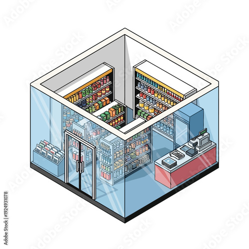 Isometric illustration of a convenience store with shelves and checkout counter.