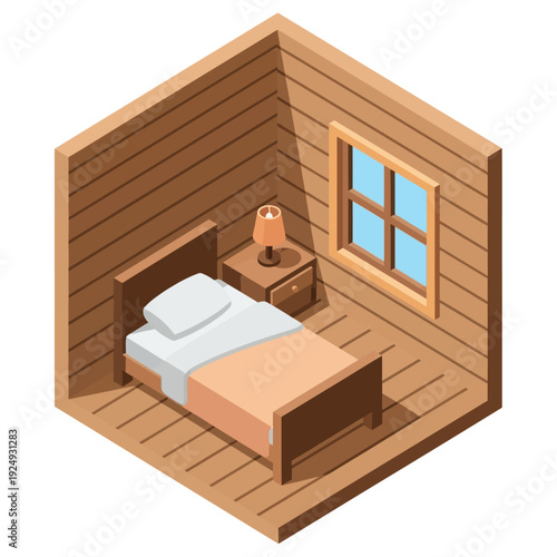 Cozy wooden bedroom with bed and nightstand illustration.