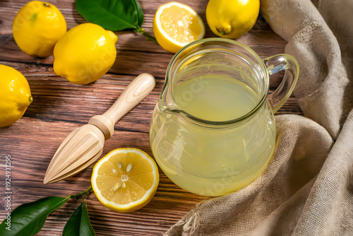 Fresh lemon juice in a glass pitcher