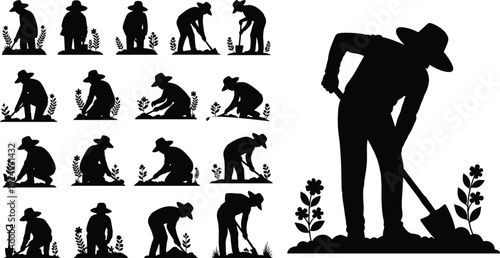 Gardener woman silhouettes planting digging weeding in garden, female farmer with shovel hoe hat flowers plants poses, vector illustration farming hobby set.