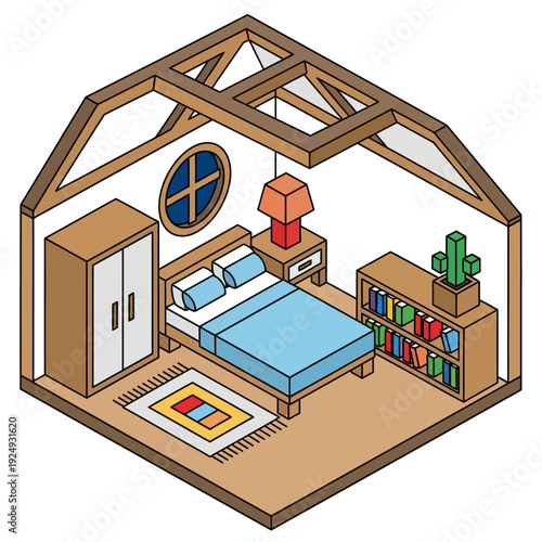 Cozy Cartoon Bedroom with Furniture and Decorations.