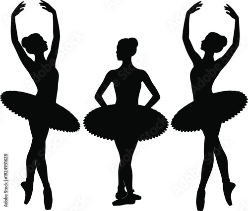 Graceful ballerina silhouette set, classical ballet dancers in tutu performing elegant poses isolated black flat vector illustration