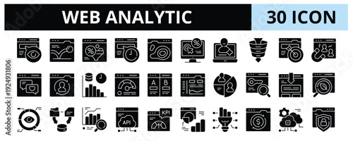 30 Web Analytic Glyph Icons Vector - Session, Acquisition, Metric, Dashboard, Insight, Web Security