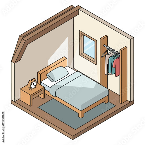 Cozy bedroom with bed, nightstand, and clothes hanging on a rack.
