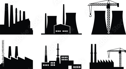Industrial factory and power plant silhouettes, refinery buildings with cranes isolated on white background urban industry flat vector illustration