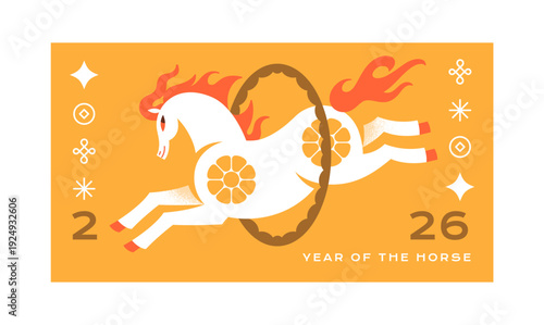 Design of banner with symbol of 2026. Template for Chinese New Year. Layout with flame horse jumping through hoop. Postcard with animal mascot of Asian lunar horoscope. Flat vector illustration