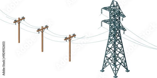 Power transmission line illustration wooden utility poles insulators high voltage tower cables wires, electrical grid infrastructure diagram isolated vector transparent background