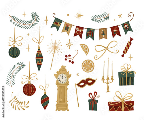 New Year's set of illustrations: Christmas tree toys, garland of flags, carnival mask, clock, gift boxes, spruce branches, stars, sparkler.