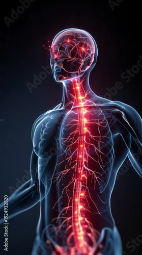 Human body with highlighted nervous system and glowing neural connections