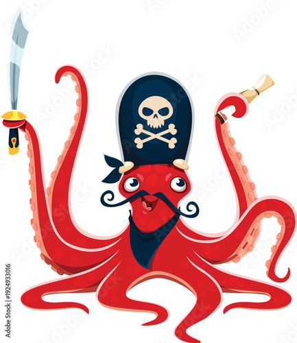 Red cartoon octopus animal pirate character with many tentacles holds a sword and another carries a map scroll. Octopus corsair dressed with blue scarf and black tricorn hat. brandishing trusty saber