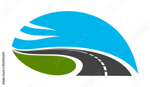 Asphalt highway road graphic icon or emblem. Speed road symbol, freeway route abstract vector emblem. Highway asphalt way graphic label or icon with road merging with nature green field and blue sky