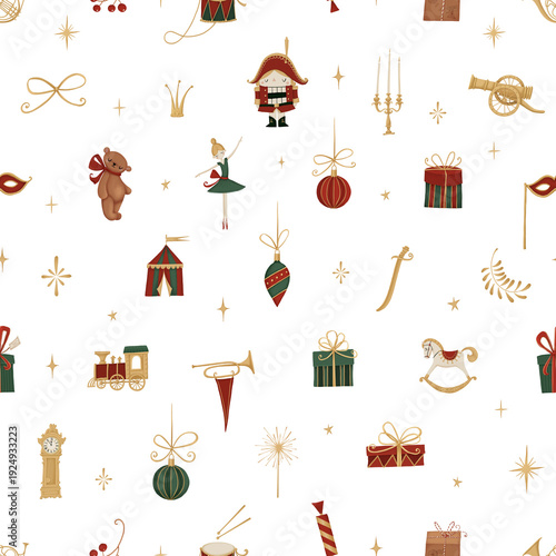Seamless Christmas nutcracker pattern on transparent background. Christmas background with vintage toys.