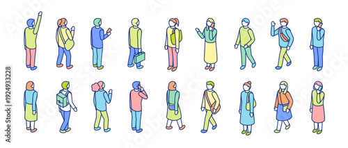 アイソメトリックの人物イラストセット。歩く、挨拶する、電話をかける、立ち止まる、線画のキャラクター。