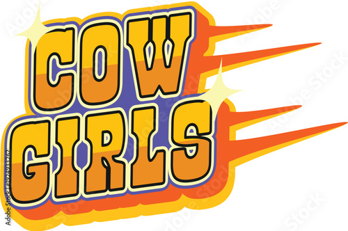 Cow girls western and Wild West Y2K groovy sticker or retro label. Wild West history Y2K vector tag, Texas country culture 60s label. Western cowboy groovy patch with golden metal typography text