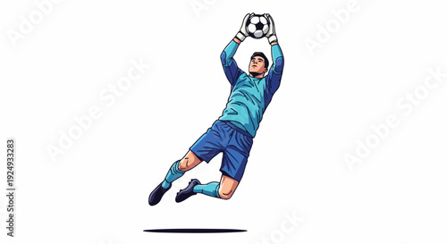 Illustration of a soccer goalkeeper jumping to catch a ball with both hands in mid-air against a white background.
