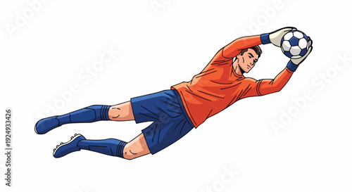Illustration of a soccer goalkeeper diving to catch a ball with outstretched arms and legs in mid-air against a plain white background.