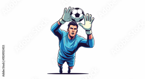 Illustration of a soccer goalkeeper in a blue uniform catching a ball with both hands on a white background.