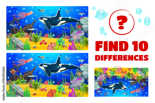 Find ten differences on underwater landscape, kids game worksheet. Spotting kids game, matching details puzzle. Difference search quiz with killer whale, squid, puffer fish, sunken ship and seaweeds