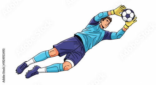 Illustration of a soccer goalkeeper diving to catch a ball with yellow gloves on a white background.