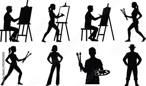 Silhouette artists painting at easel, men women painters with brushes palette poses collection, vector illustration set creative hobby art people.