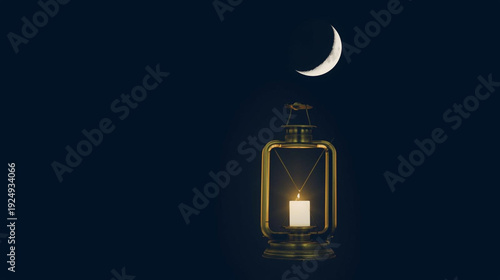 A serene golden lantern glows softly under a crescent moon in the night sky minimal elegant scene