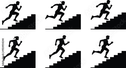 Business success concept with person running up stairs icon set, career growth and goal achievement silhouette isolated on white background