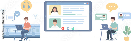 Digital nomad working on a laptop during travel and video conferencing. Vector illustration of remote work, online communication, and mobile office concept with tablet and wifi icons