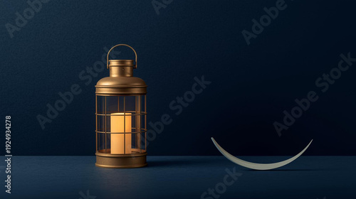 Serene lantern glowing softly on a dark surface with a crescent moon beside it